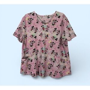 Disney Mickey Minnie Mouse Love Surrounds Pink V Neck Scrub Top 2X